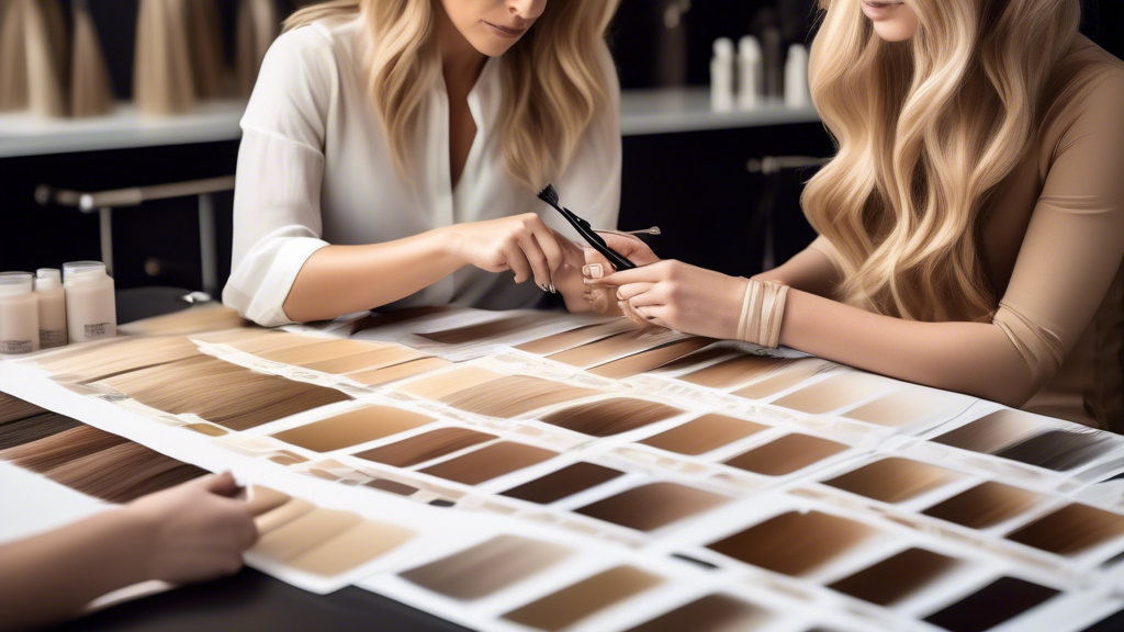 Create an image that captures a professional hairstylist consulting with a client who has brown hair, with various swatches of blond hair shades laid out on a table. The stylist should be pointing to different blond foils, illustrating the selection process. The backdrop should be a stylish, modern hair salon setting with natural light highlighting the conversation. The image should convey the importance of choosing the right shade and the personalized nature of the consultation.