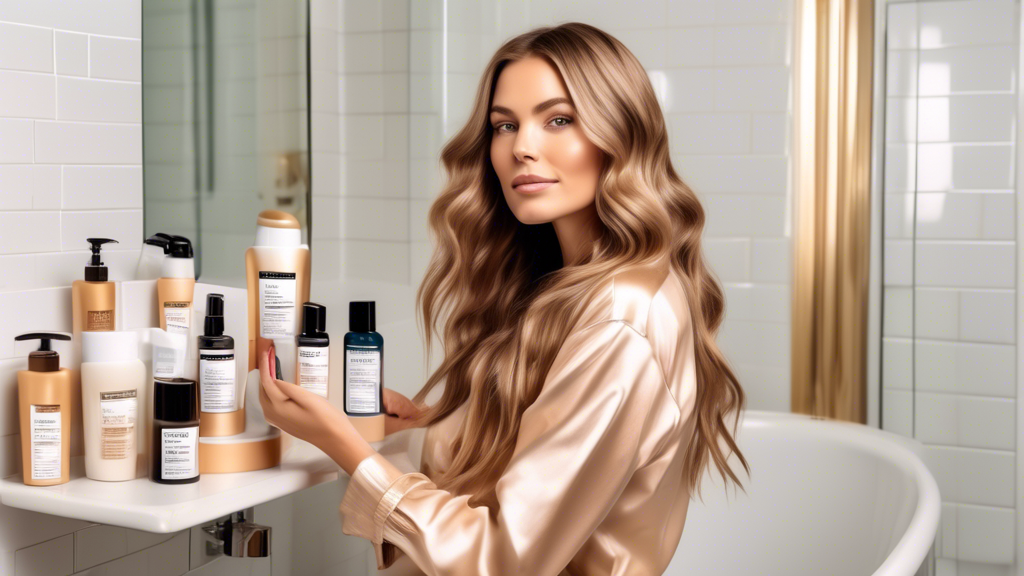 Create an image showing a woman with brown hair and blond foils, holding a range of hair care products specifically designed for maintaining highlights. She should be in a bright and stylish bathroom setting, with bottles labeled color-safe shampoo, deep conditioner, and UV protection spray. There should also be a calendar on the wall marked with regular hair care routine dates. The overall vibe should radiate elegance and a sense of routine maintenance for vibrant hair.