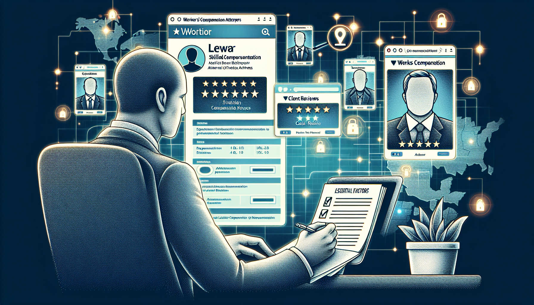Detailed illustration of a person searching online for the best workers