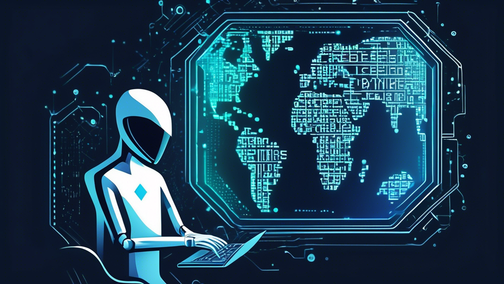 Create a DALL-E image that features a digital person browsing the internet on a computer with a shield-like icon symbolizing enhanced online privacy, a lock symbol representing protection against cyber threats, and a globe icon illustrating bypassing geo-restrictions. The background should have a matrix of binary code to signify secure browsing and advanced cyber technologies. The text Blockaway Proxy should be subtly incorporated in the design.