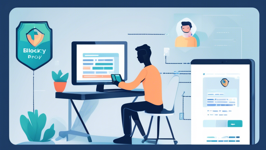Create an image showing a person sitting at a computer setting up Blockaway Proxy. The computer screen displays the Blockaway Proxy setup process with clear prompts. The image also shows a smartphone next to the computer with a similar setup screen. Around the person are subtle graphic elements representing privacy and security, like shields and padlocks, to emphasize the secure browsing aspect. Light indications on the browser and device settings sections underline the configuration steps. Keywords for style: modern, tech-savvy, informative.