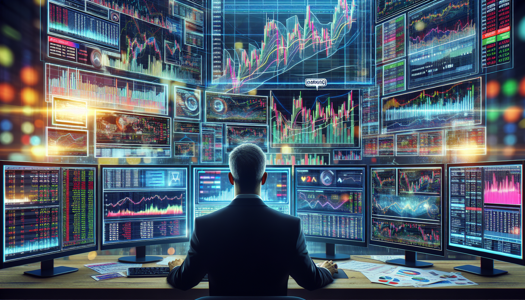 Create an image depicting a day trader in a modern trading setup, utilizing multiple monitors that display various stock charts and data, specifically emphasizing the NinjaTrader platform. In the background, have a digital whiteboard showing outlined strategies and risk management techniques. Illustrate a notification on one of the monitors indicating a Margin Call, to visually represent the protocols traders might encounter. The scene should be dynamic and vibrant to convey the active and strategic nature of using NinjaTrader Intraday Margin to maximize trading potential.