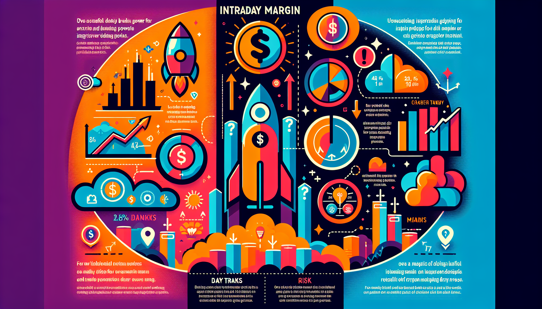 Create an image showcasing a split-screen infographic. On one side, illustrate the advantages of using NinjaTrader Intraday Margin for day trading with icons and symbols like a rocket for increased buying power and a dollar sign for higher profits. On the other side, display the disadvantages with warning signs, such as a down arrow for potential larger losses and an exclamation mark for risk. Include a small section at the bottom with brief case studies or examples, using charts and graphs to visually represent real-world outcomes. Ensure the NinjaTrader logo is subtly incorporated in the design.

**Keyword: ninjatrader intraday margin**