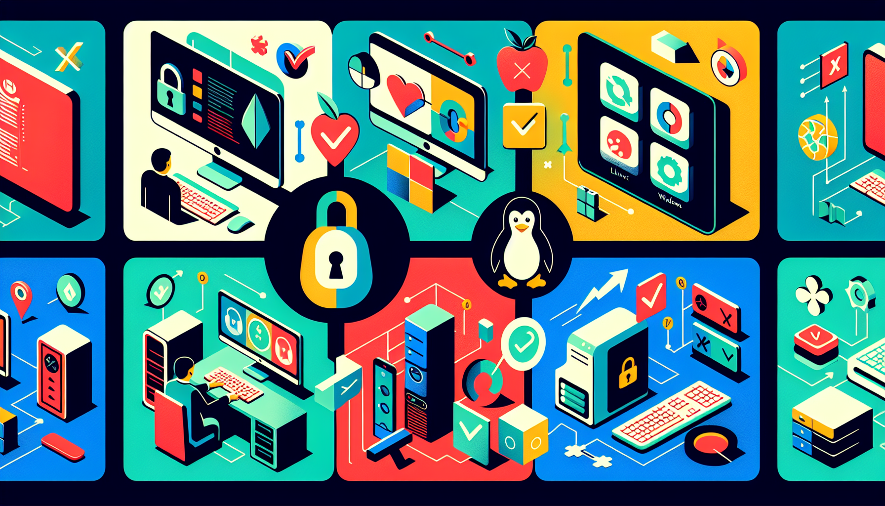 Create an image illustrating a step-by-step guide for configuring WireGuard VPN. The image should depict various platforms (Linux, Windows, macOS) with icons or screenshots showing the installation process, generating encryption keys, setting up server and client configurations, and verifying connections. Include visual cues for troubleshooting common issues.