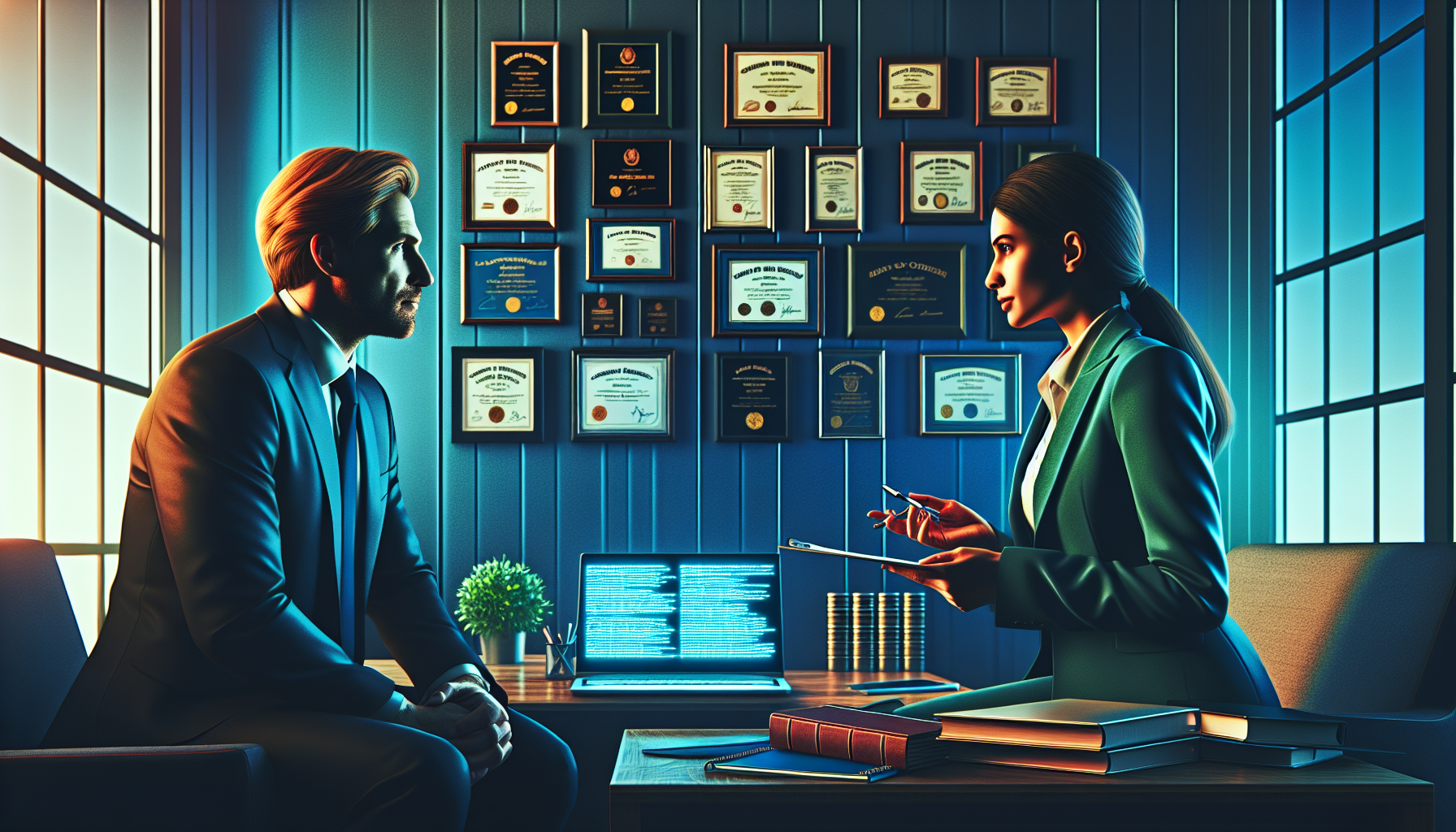 DALL-E prompt for an illustration that visually articulates the process of choosing the right slip and fall injury lawyer: Show a potential client in a law office during a consultation with a distinguished lawyer. The office has diplomas and awards on the walls, a shelf stacked with legal books, and a laptop open displaying glowing client testimonials. Both the lawyer and the client appear engaged in a serious discussion, with the client holding a notepad filled with questions, emphasizing the importance of qualifications, client feedback, and effective communication.