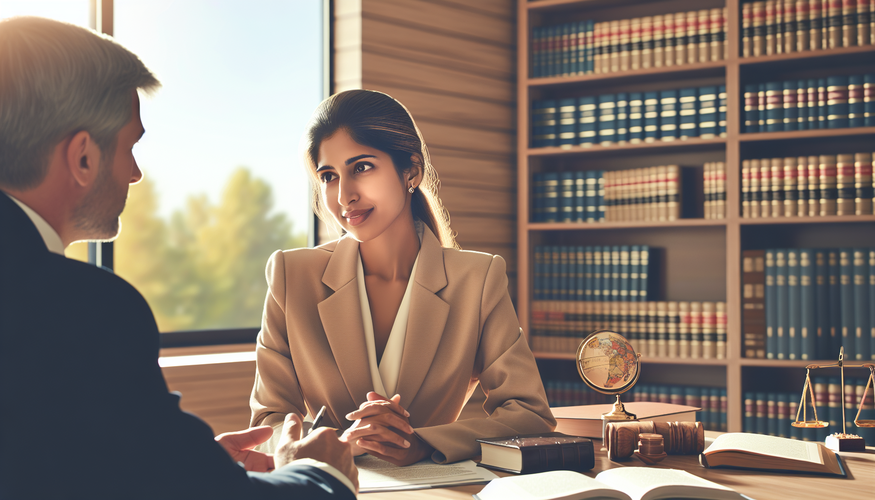 An image of a knowledgeable lawyer consulting with a client in a welcoming office, with visible legal books and symbols referencing local law. The lawyer, recognized and respected within the community, portrays confidence and familiarity. The setting conveys accessibility and a strong community connection, subtly highlighting the advantages of local legal expertise in handling slip and fall injury cases.