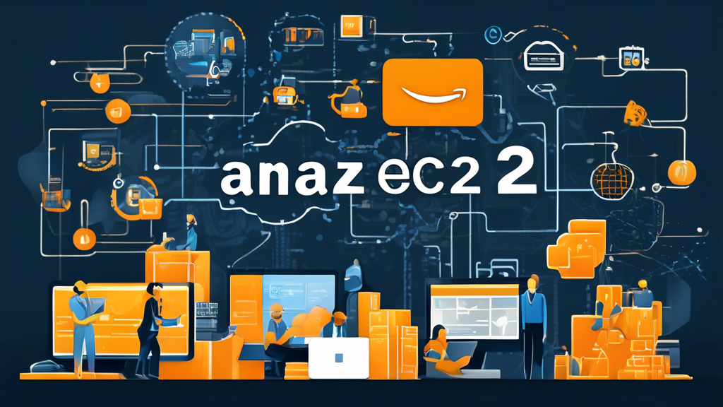 Create an illustration that presents the practical applications of Amazon EC2 across various industries. The image should include detailed depictions of:

1. **Web-Hosting and Development:** Visualize servers, coding environments, developers working on laptops, and a website interface.
   
2. **Data Analytics and Big Data:** Show data scientists analyzing complex data sets with graphs, charts, and servers processing large amounts of data.
   
3. **Machine Learning and AI:** Illustrate a scenario where developers are training machine learning models, with visual representations of neural networks and AI deployment on EC2 instances.

The overall style should be modern and technical, with clear connections to Amazon EC2 and its diverse use cases across these industries.