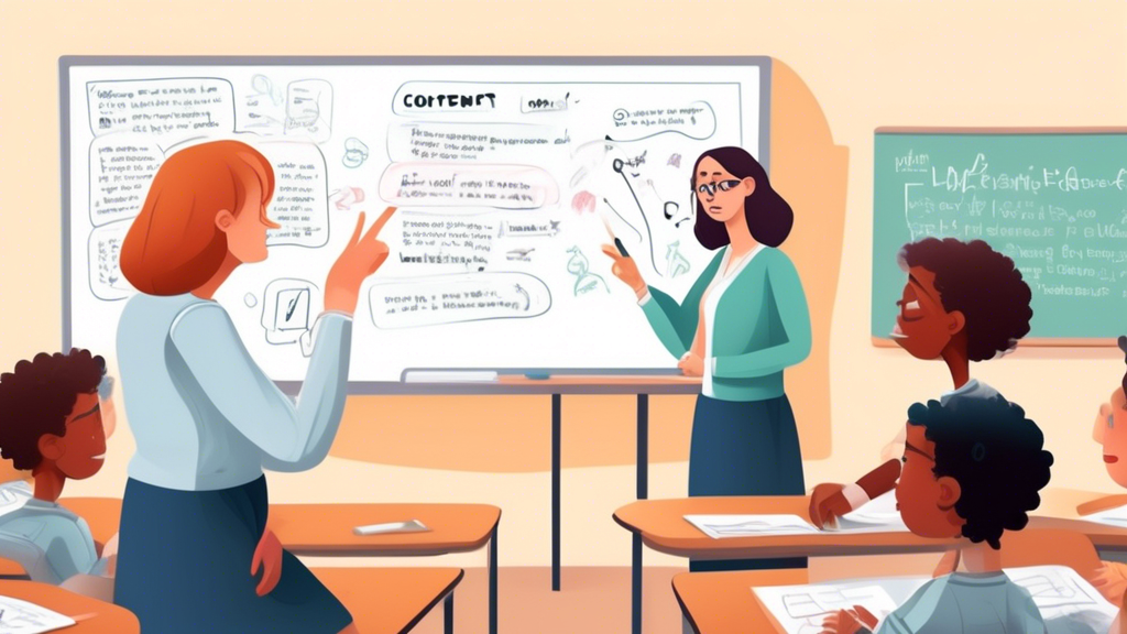 Create an illustration of a classroom setting with a teacher explaining common mistakes in English usage to students, focusing on the words 