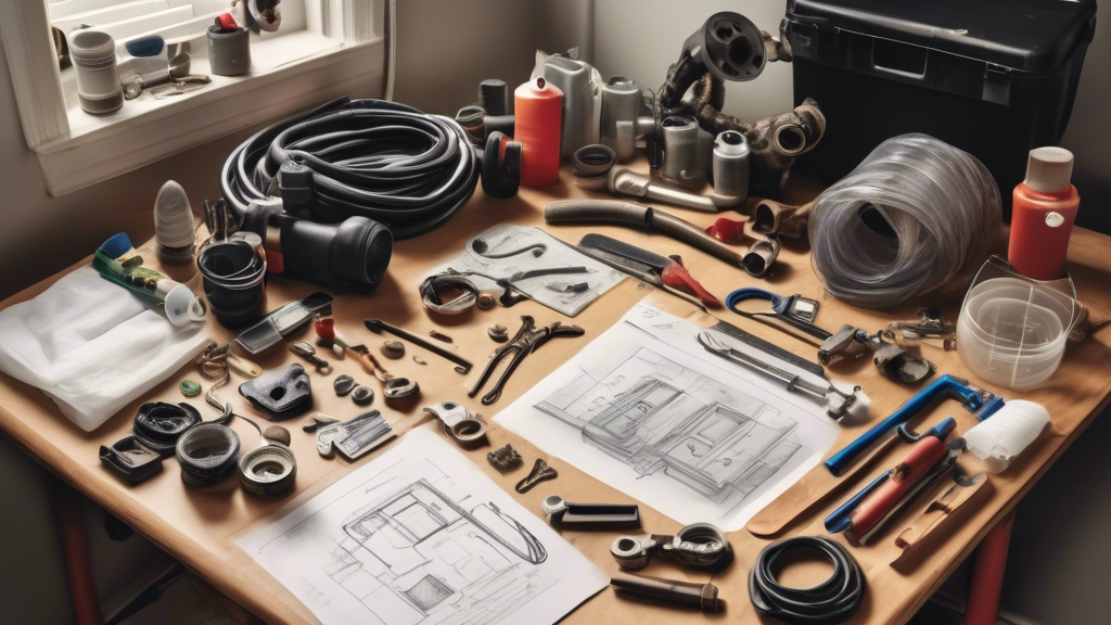 DALL-E prompt for an image related to outline point #2:

An organized workspace with essential DIY home sewer line repair tools laid out, including a sewer camera, pipe snake, plumbing wrenches, and safety gear like gloves and goggles, with a labeled diagram of a residential sewer system in the background.