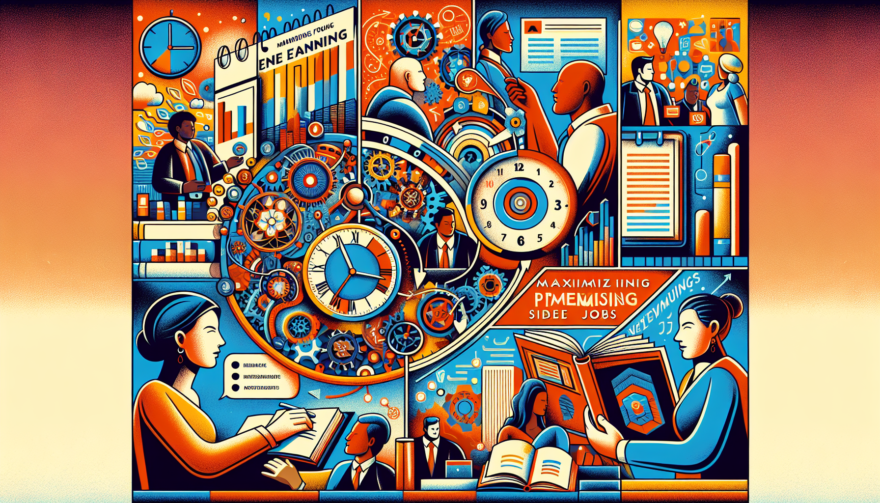 Create a vibrant and dynamic illustration showcasing various elements of maximizing earnings from good side jobs. Include a background with a calendar and clock to symbolize effective time management, interconnected people to represent building a professional network, and books or online courses to signify investing in skill development. Show diverse individuals engaging in activities like networking, managing schedules, and learning new skills in a harmonious and productive environment.