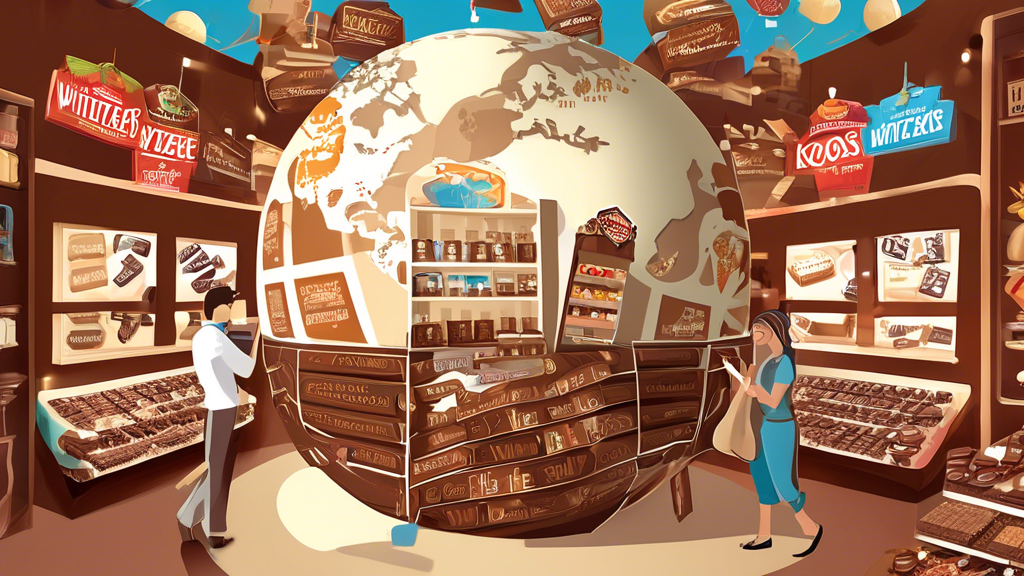 Digital illustration of a bustling global chocolate market, showcasing Whittakers Chocolate storefronts and diverse kiosks around the world, prominently displaying the brand