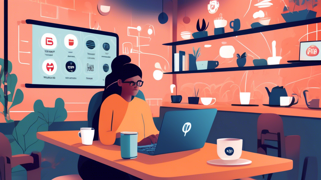 An illustration of a person using a laptop in a cozy café, with VPN Nord active on the screen, showcasing secure browsing. In the background, international streaming services like Netflix, BBC iPlayer, and Hulu are depicted, emphasizing easy access to global content. Additionally, visual elements like public Wi-Fi icons and hacker intercept symbols being blocked convey the protection and safety VPN Nord provides while browsing online. The atmosphere should feel secure and globally connected.