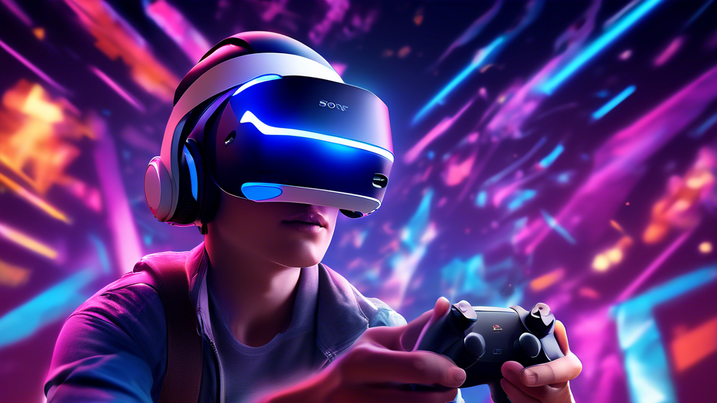Prompt for DALL-E:

Create a high-resolution digital illustration showcasing an immersive gaming experience with Sony PSVR. The scene should depict a gamer wearing the Sony PSVR headset and motion controllers, fully engaged in a visually stunning virtual reality environment. Highlight the dazzling visual and auditory enhancements, as well as dynamic motion tracking. The background should feature elements from popular VR games, blending futuristic cityscapes, fantastical worlds, and action-packed scenarios. Include overlays of user reviews scattered around the edges, emphasizing the benefits and excitement of Sony PSVR.