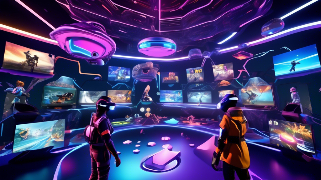 A vibrant scene featuring a selection of top Sony PSVR games showcased against a futuristic backdrop, with diverse genres represented like action, adventure, and puzzles. Characters from popular titles are dynamically interacting in a virtual reality environment, displaying the immersive and engaging nature of these must-play games for virtual reality enthusiasts. Include visuals of upcoming game releases and hints of future developments in the PSVR landscape.