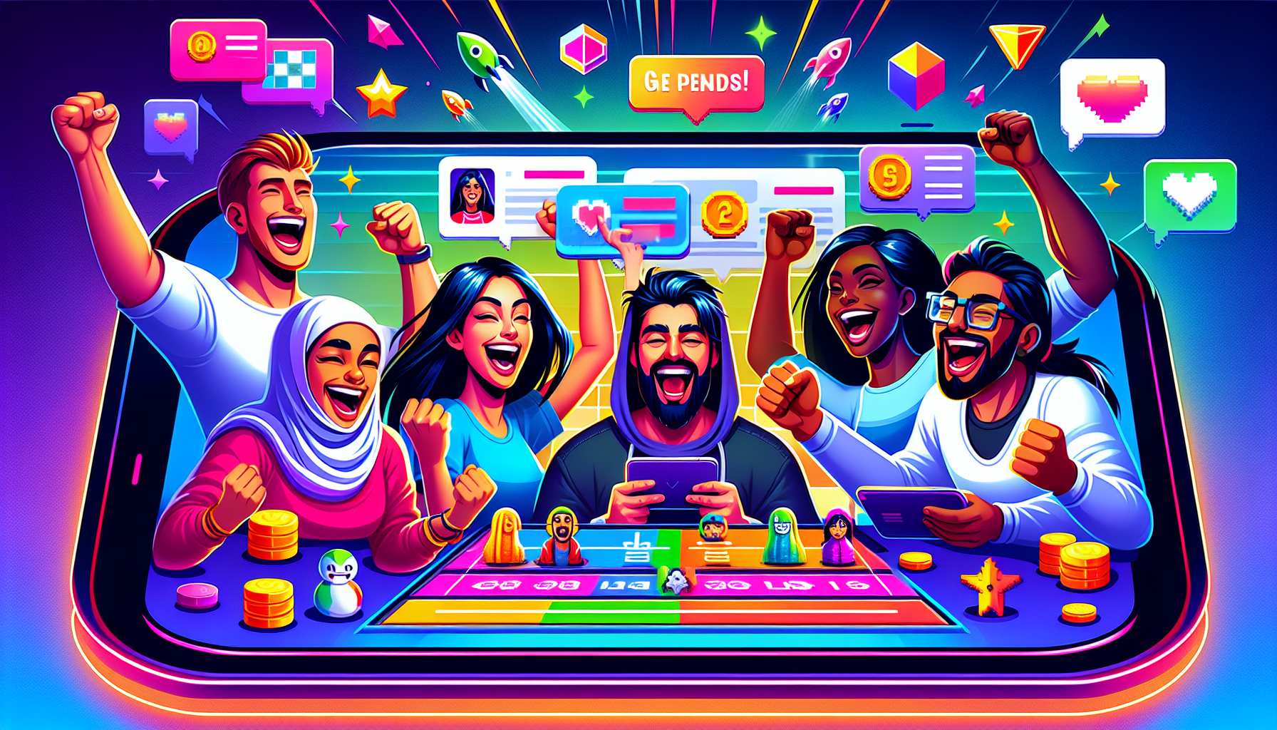 Create an image of people having fun while using a vibrant, colorful gaming platform on their devices. They are engaged in various games and challenges, celebrating wins and earning rewards such as points, badges, and digital prizes. The background features a dynamic interface showcasing a rewards menu, with tokens, leaderboards, and congratulatory messages popping up. Include elements like animated characters and joyful expressions to highlight the excitement and success strategies within the Funzpoints platform.