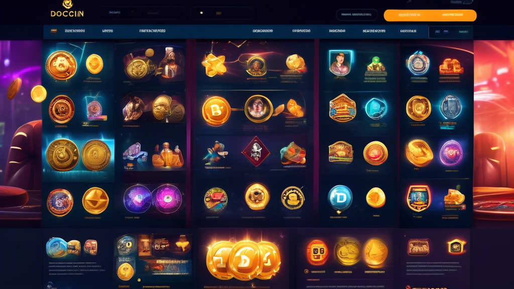 Create an image depicting a modern crypto casino interface showcasing various popular cryptocurrencies like Bitcoin, Ethereum, and Dogecoin. Display a diverse range of casino games, including slots, poker, and live dealer tables. Incorporate elements that highlight trustworthiness, such as licensing badges, user review ratings, and symbols of security and encryption. The overall scene should feel vibrant and engaging, appealing to tech-savvy gamblers interested in cryptocurrency options.