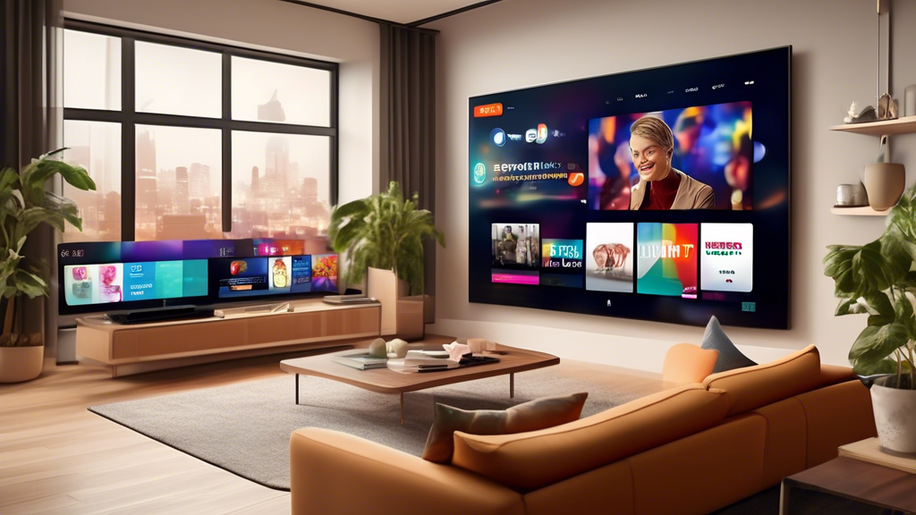 Create an image that features a modern living room with multiple screens showcasing different live TV streaming services. Each screen displays a different platform, highlighting their user interfaces, channel variety, and a price tag graphic indicating value. Ensure the setting is comfortable and inviting, with a focus on the ease of use and diversity of content available in 2023.