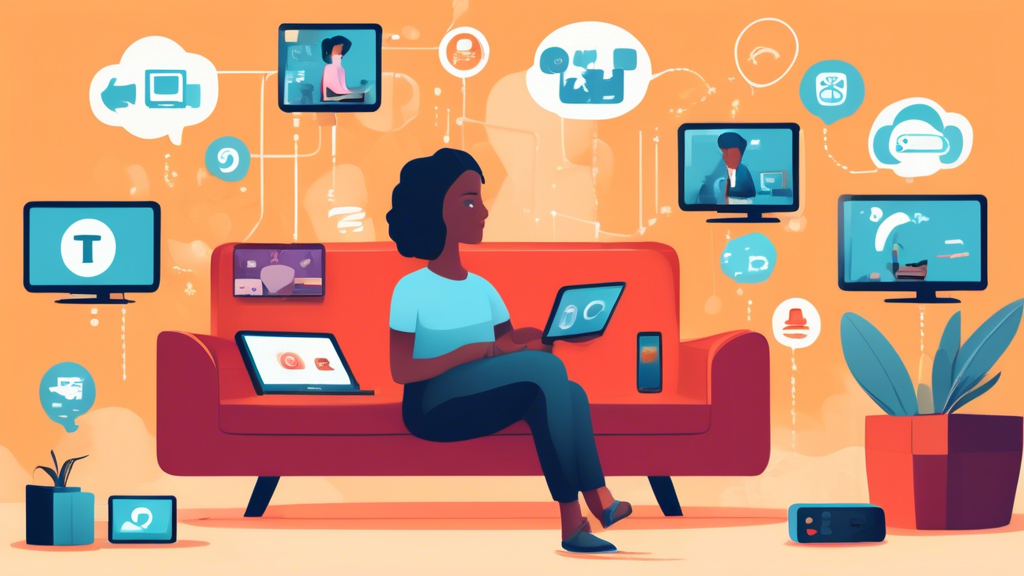 Create an image depicting a person at home considering various live-TV streaming services, with different devices like smart TV, tablet, and smartphone in view. The background should include icons representing factors like internet connection strength, device compatibility, and user preferences. Highlight tips and user reviews as thought bubbles or notes around the person, emphasizing the importance of choosing the best live-TV streaming service based on individual needs. Use bright, inviting colors to create an engaging and informative atmosphere.