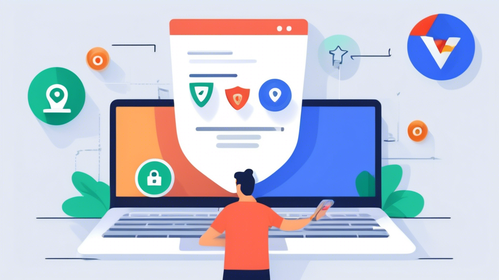 Create an image that shows a user setting up a VPN on Google Chrome to access blocked sites. The user is following a step-by-step guide on their screen, with a clear focus on the Chrome browser interface. Include visual elements such as popular VPN service logos, a partially blurred-out website, and icons representing privacy and security. The background should subtly hint at an Internet blocking symbol, such as a red restricted sign or a firewall, but the main focus should be on the VPN setup process.