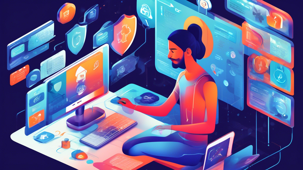 Create a detailed digital illustration showing a person using a Chrome browser with multiple methods for viewing blocked sites depicted around the screen. Include icons for a VPN setup, a proxy server, and Chrome extensions, each represented with labels and brief descriptions. Incorporate visual elements indicating online security, such as a shield and padlock, and symbols for ethical considerations, like scales of justice and a caution sign. Emphasize a friendly, educational tone with clear, informative graphics to guide the viewer on safely and ethically unblocking sites.