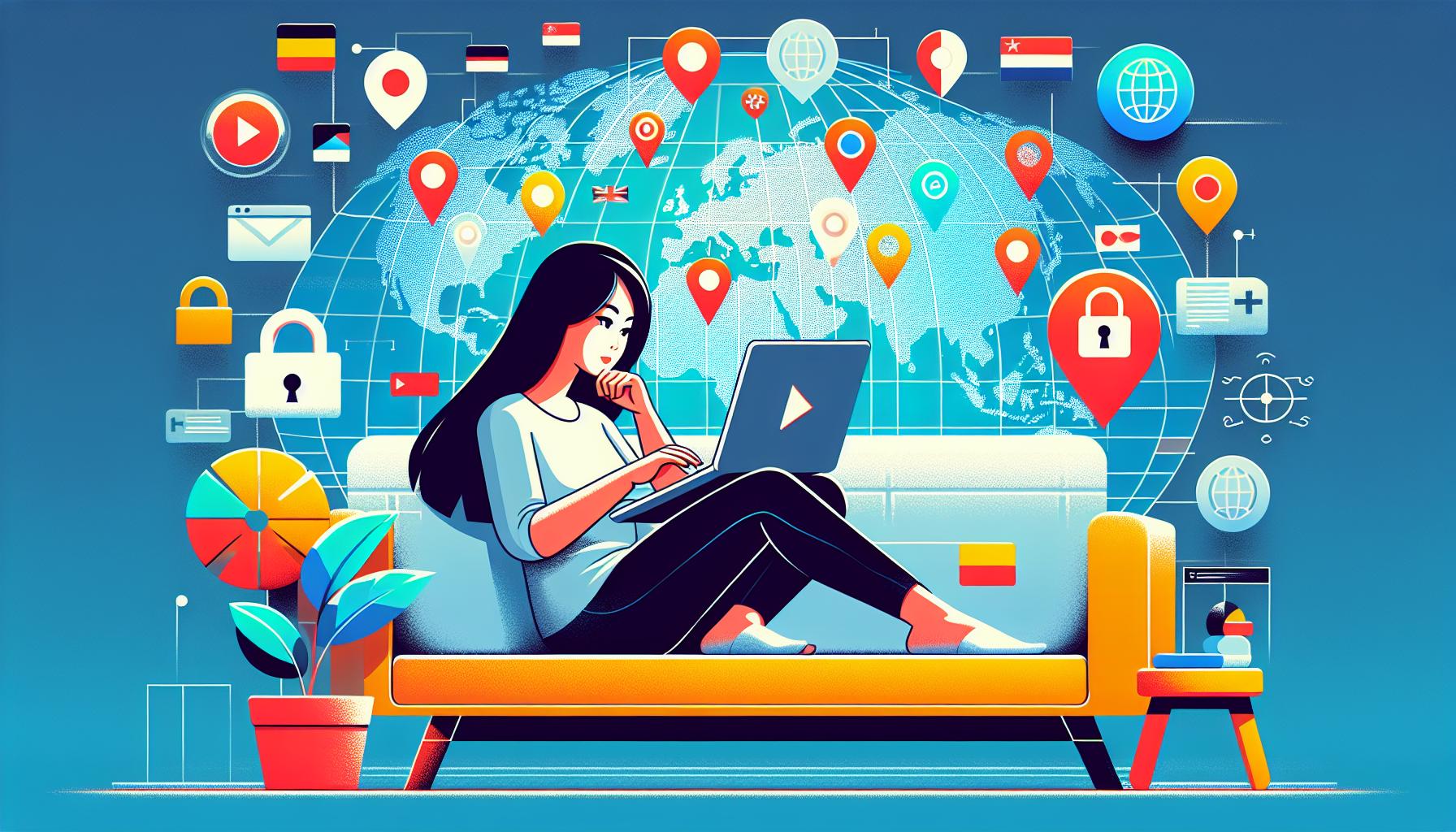 A digital illustration showing a person comfortably seated in their living room with a laptop, surrounded by imagery representing different types of global content—like a globe icon, country flags, and streaming service logos (e.g., Netflix, Hulu, BBC). The laptop screen displays a world map with multiple location pins, indicating access to various global regions. In the background, there are other elements emphasizing unrestricted internet access, such as a padlock symbol with a keyhole illustrating security and freedom from censorship. The overall mood should feel modern and secure, highlighting the advantage of using a secure VPN for accessing global content without restrictions.