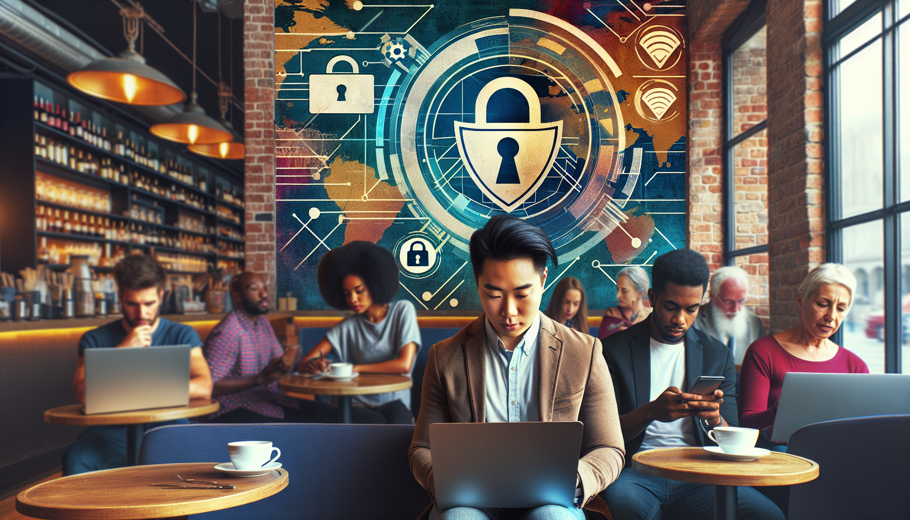 Create an image depicting a person using a laptop in a public café, with a shield symbol and lock icon overlaid on the screen, signifying secure, encrypted connections. The background should show other patrons using laptops and mobile devices, with subtle warning icons over their devices indicating insecure connections. This visual contrast highlights the risks of public Wi-Fi and the protection offered by a secure VPN. Include a globe icon subtly in the background to denote global connectivity.