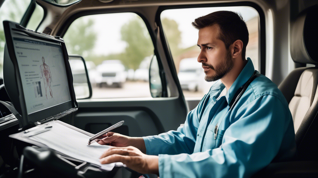 Create an image that shows a truck driver in the process of locating a certified medical examiner for their physical exam. The composition could include:- A truck driver sitting at a laptop or using a smartphone, with the screen displaying an online directory of certified medical examiners.
- Maps and search results relevant to truck driver physical exams on the screen.
- The setting is a cozy room with truck-related decorations, like a model truck or driving gear.
- In the background, a calendar with Physical Exam marked on a date.
- Icons or small symbols indicating Certification Credentials and Reviews to emphasize checking these details.This graphic demonstrates the importance of utilizing online resources and verifying credentials when searching for a certified medical examiner for the DOT physical exam.