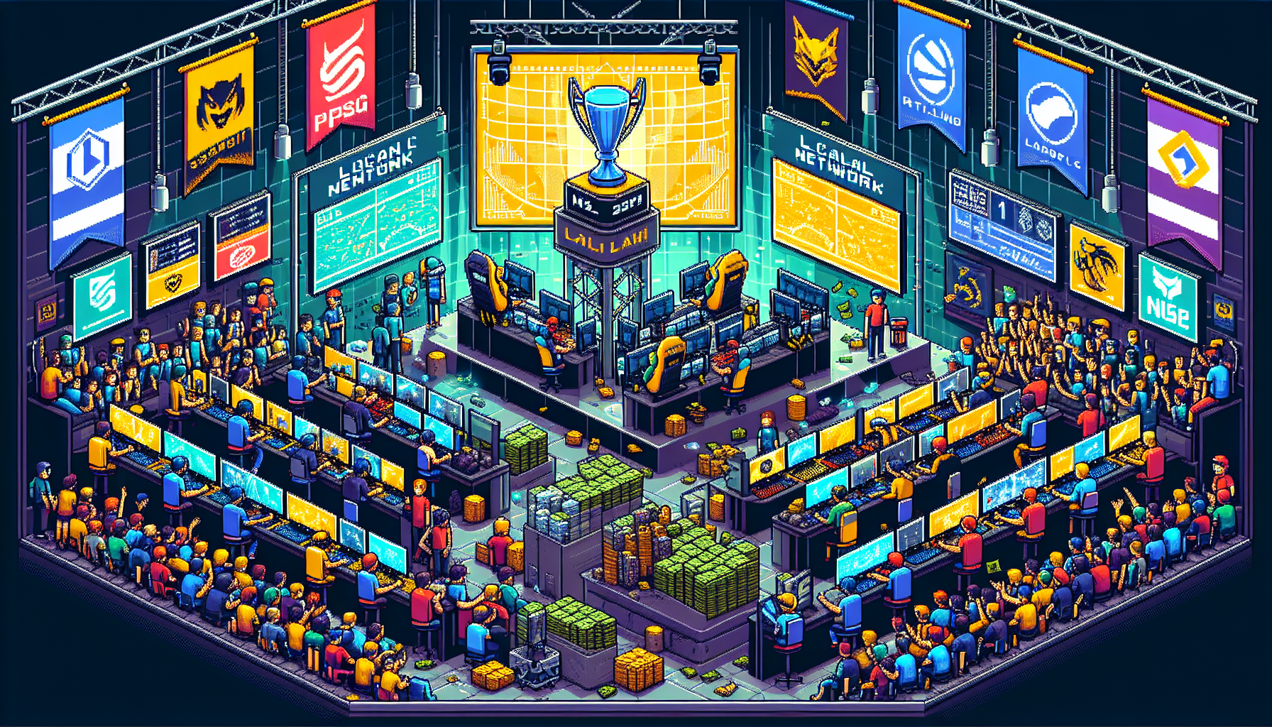 DALL-E prompt: A dynamic illustration showcasing a competitive Call of Duty tournament scene. Include a vivid backdrop of a large LAN event filled with enthusiastic spectators, intense gaming stations, and players deeply focused on their screens. Highlight various elements such as different tournament formats displayed on screens, banners of prominent leagues like the Call of Duty League, and logos of well-known sponsors. In the foreground, feature a trophy and prize money to underscore the high stakes and excitement of the event.