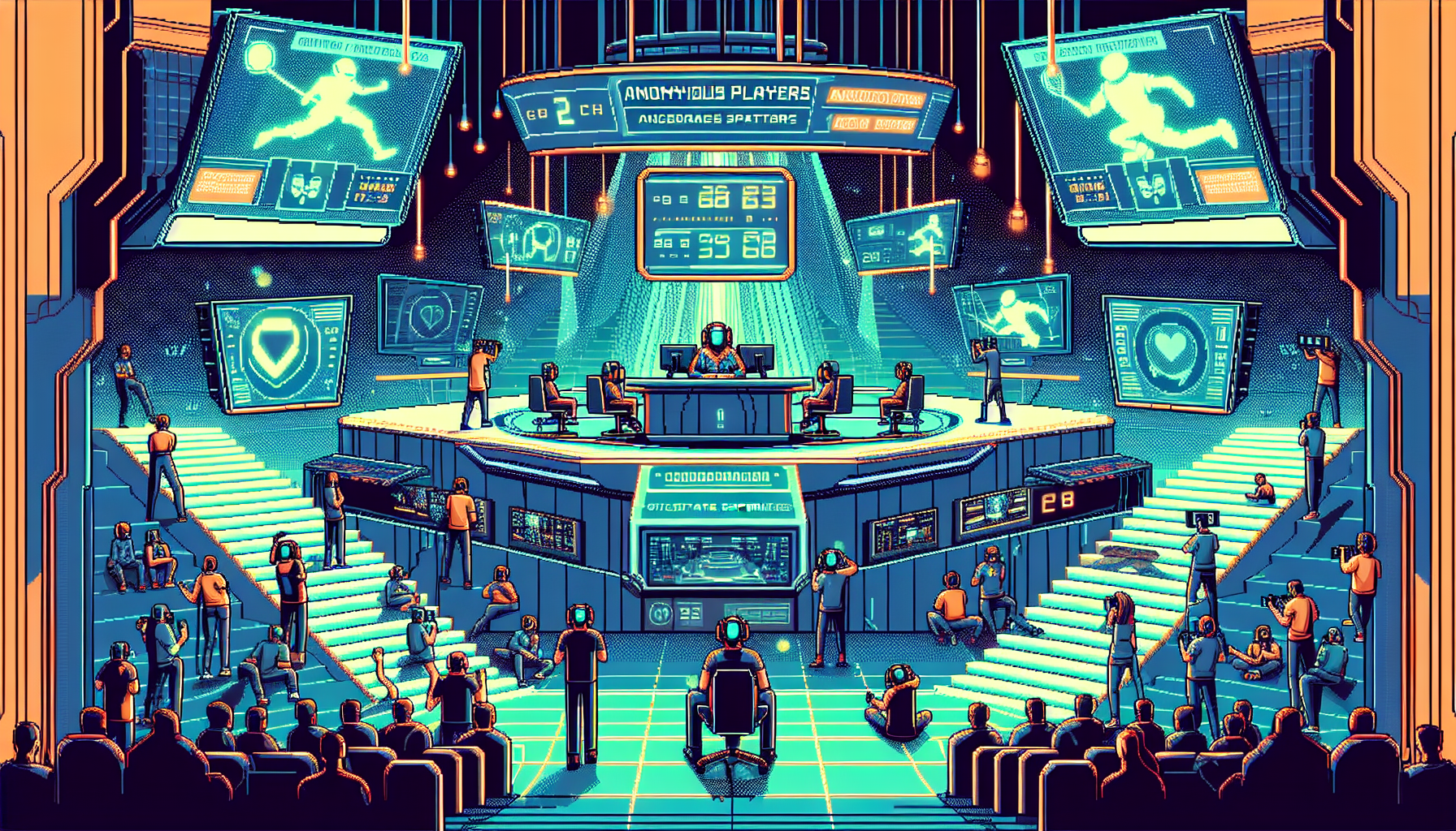 Generate an image that captures the future of Call of Duty tournaments in the esports ecosystem. Picture a futuristic, cutting-edge esports arena filled with energetic fans, and the main stage showcasing top Call of Duty teams in intense competition. Include holographic displays of player stats, live commentary, and immersive virtual reality elements to represent emerging trends and innovations in the esports world. Retro-futuristic neon lights and a digitally enhanced environment should create an atmosphere of anticipation and excitement for the future of Call of Duty tournaments.