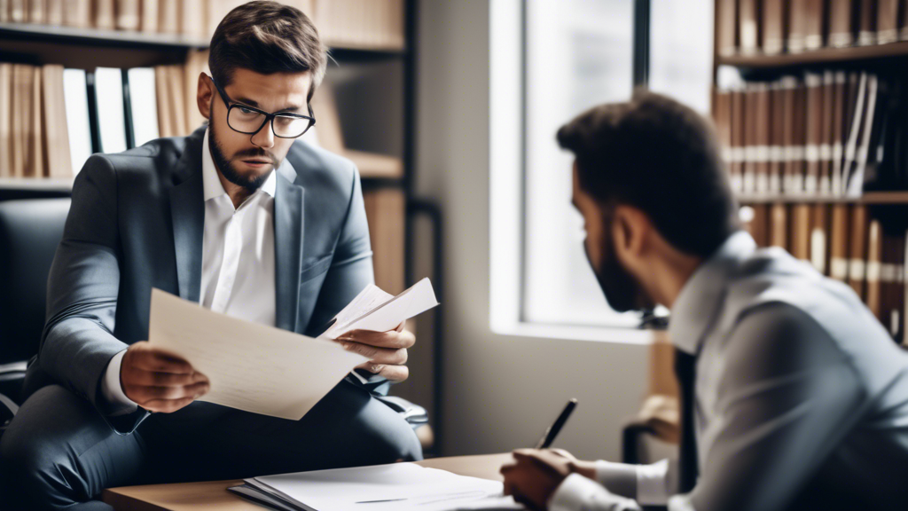 Create an image that showcases a person sitting in a modern office environment, talking to a professional car injury attorney. The person is holding a notepad with a list of questions. In the background, there are diplomas and legal certificates on the wall, and a bookshelf filled with legal books. The attorney appears engaged, confident, and professional, illustrating the process of evaluating potential car injury attorneys during an initial consultation. The ambiance should be welcoming and the setting should scream professionalism.