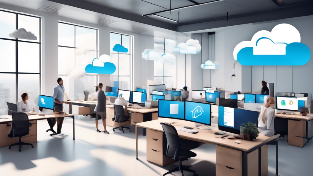 Create an image showcasing the advantages of Cloud PCs for businesses and employees. The scene should depict a modern office with diverse employees working on sleek, minimalist workstations. Each workstation should display cloud icons connecting to a virtual desktop in the cloud. Highlight elements of cost-efficiency, such as a visual of reduced expenses, and flexibility by showcasing employees working from various locations, including a coffee shop and a home office. Include a subtle representation of enhanced security with padlock icons or shield symbols ensuring data protection. The overall theme should emphasize convenience, efficiency, and technological advancement.