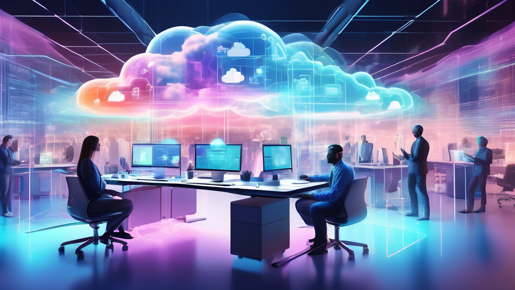 Generate an image depicting the future of Cloud PCs, showcasing futuristic office environments where employees are using holographic interfaces connected to cloud systems. Highlight the integration of AI and machine learning, illustrating virtual assistants helping workers with tasks. Show diverse professionals collaborating virtually, emphasizing the advancements and trends transforming the workplace.