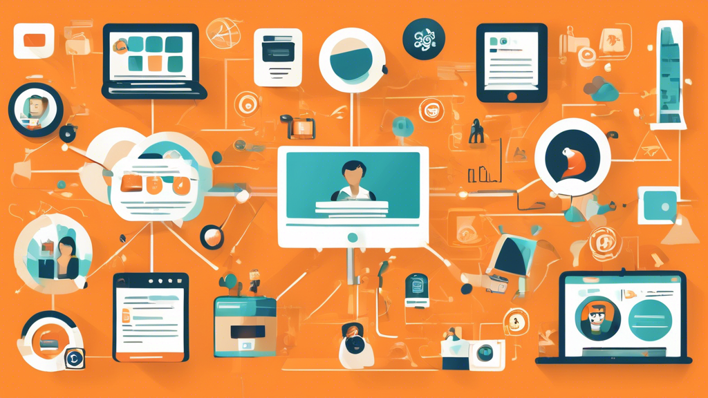 Create an image that depicts various types of content such as text, images, videos, and infographics, each represented with icons or small illustrations. Arrange these visual elements in a composition that shows their distinct purposes, like an infographic that demonstrates how businesses use each type of content. Include real-world examples like a blog post, a social media image, a YouTube video, and a data-driven infographic to illustrate the diversity in content types and their objectives.