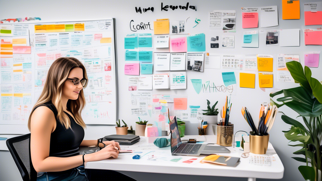 A creative office environment where a digital marketer is strategizing content. She’s at her desk, surrounded by charts, graphs, and sticky notes with SEO keywords. Her laptop screen displays a detailed content calendar full of blog titles, social media posts, and SEO metrics. The background showcases a whiteboard filled with diagrams connecting 