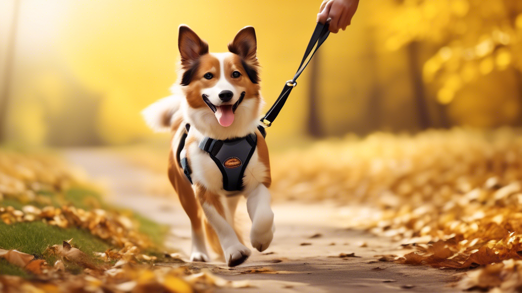 Create an image depicting a joyful outdoor walk with a dog wearing a comfortable harness and leash set. Highlight the dog looking happy and relaxed, showcasing a well-fitting harness that provides both comfort and convenience. Include various dog breeds and sizes to emphasize adaptability, and illustrate the harness