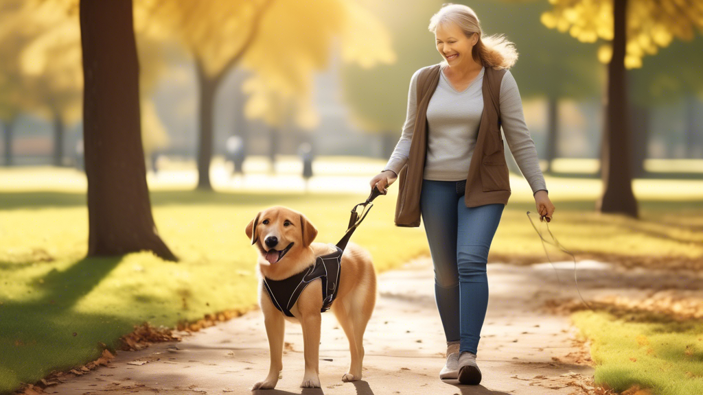 Create an image depicting a well-behaved dog in a park setting, wearing a comfortable harness and being guided by a happy owner. The scene should show the owner gently pulling the leash to guide the dog while engaging in training activities, such as sitting or staying. Have visual cues of training aids like treats or a clicker in the owner’s hand, emphasizing effective training and behavior management using the harness and leash set. The atmosphere should be positive and encouraging, illustrating the benefits of using a harness for training and behavior control.