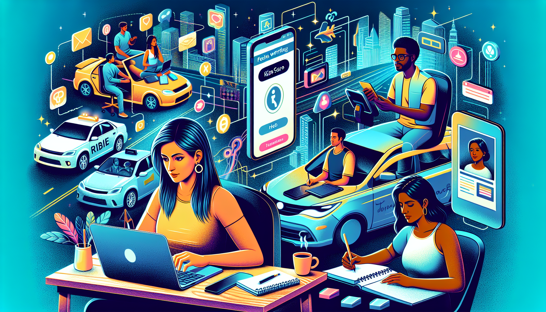 Create an image illustrating popular types of side gig jobs. Show a diverse group of people engaging in different activities, such as a person writing on a laptop (freelance writing), another person driving a car with a ride-share logo, and someone else teaching a group of students online. Include possible tools and platforms like a computer with a tutoring website, a smartphone app for ride-sharing, and a notebook for writing. The background can feature a digital cityscape symbolizing the modern, tech-driven nature of these jobs.