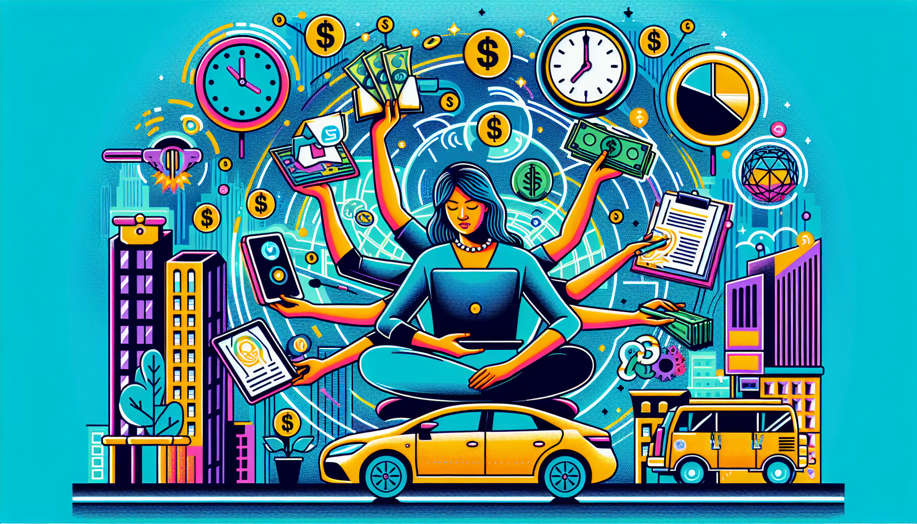 Create an image depicting a person juggling multiple side gig jobs seamlessly. The individual is surrounded by symbols of various side gigs (e.g., a laptop for freelance writing, a car for ride-sharing, and a book for online tutoring). Emphasize the financial benefits with money icons, the flexibility with a clock showing different times, and personal growth with symbols like a networking web and a graduation cap. The background should be a vibrant, busy cityscape to symbolize the dynamic and active lifestyle of a side gig worker. Keywords to include are: side gig jobs, financial benefits, flexibility, skill development, networking opportunities.