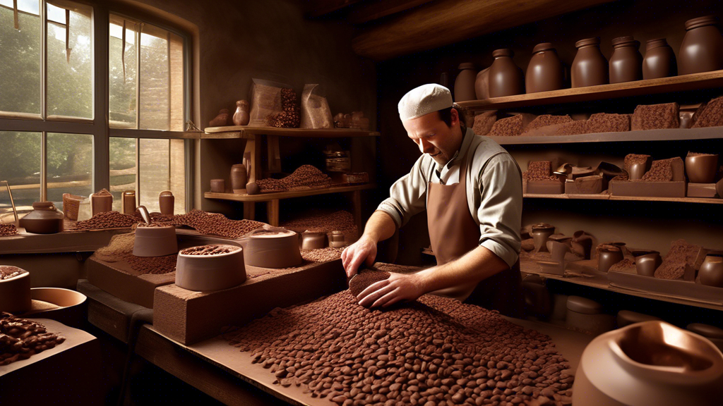 An artisan Belgian chocolatier demonstrating the traditional bean-to-bar process in a rustic chocolate workshop, surrounded by sacks of cocoa beans and using old-fashioned equipment to craft chocolates, with a focus on the step where 100% cocoa butter is added, showcasing the meticulous techniques that define Belgian chocolate quality.