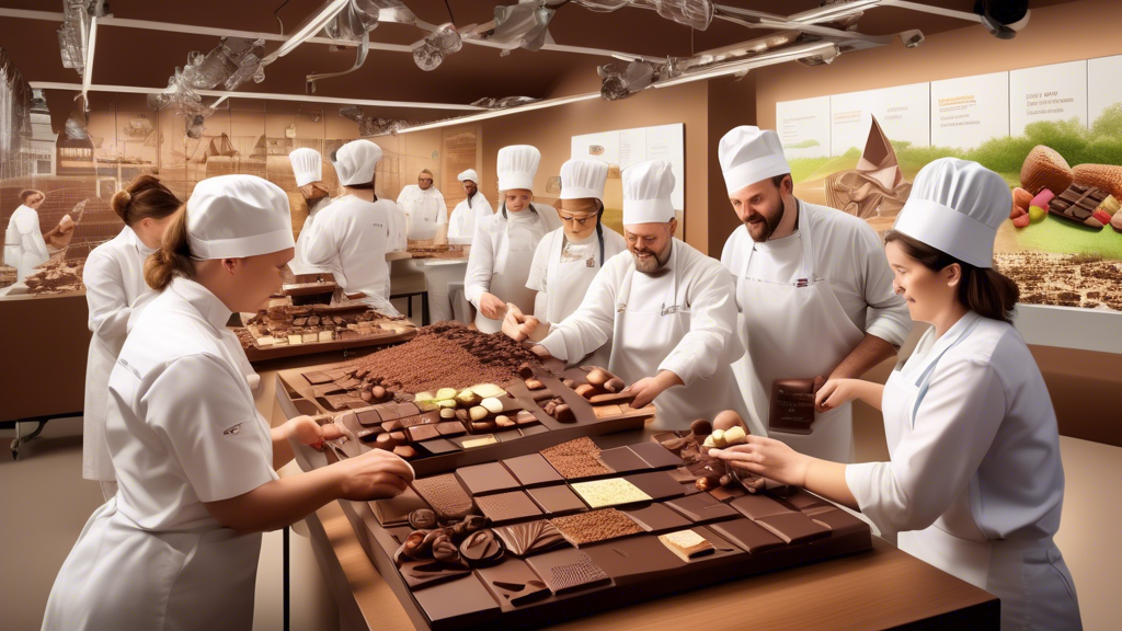 An image of a modern Belgian chocolate workshop showing chocolatiers experimenting with new flavors, surrounded by organic ingredients, renewable energy symbols and interactive displays discussing sustainability, with scenes of a Belgian chocolate festival in the background, illustrating the global influence and contemporary innovations in Belgian chocolate.