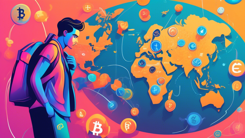 Create an illustration showing a person frustrated while using the Coinbase exchange platform, highlighting high transaction fees compared to other platforms, geographical restrictions on a world map, and a thought bubble questioning the limited variety of cryptocurrencies supported. Use icons and symbols to clearly represent each inconvenience.