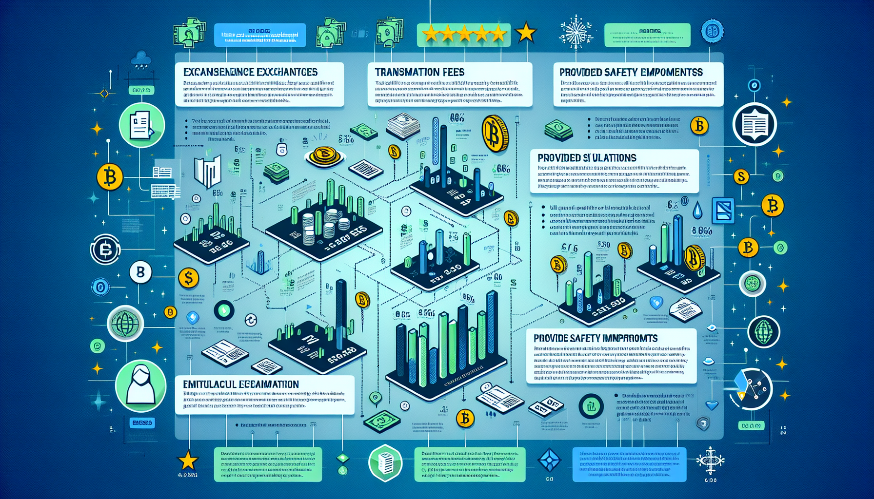 Create an image prompt for DALL-E that reads: 

A detailed infographic comparing different crypto exchanges. The infographic should highlight key factors such as fees, security measures, and cryptocurrency selection. It should also incorporate user review ratings, depicted in stars or percentage bars, and indicate each platform