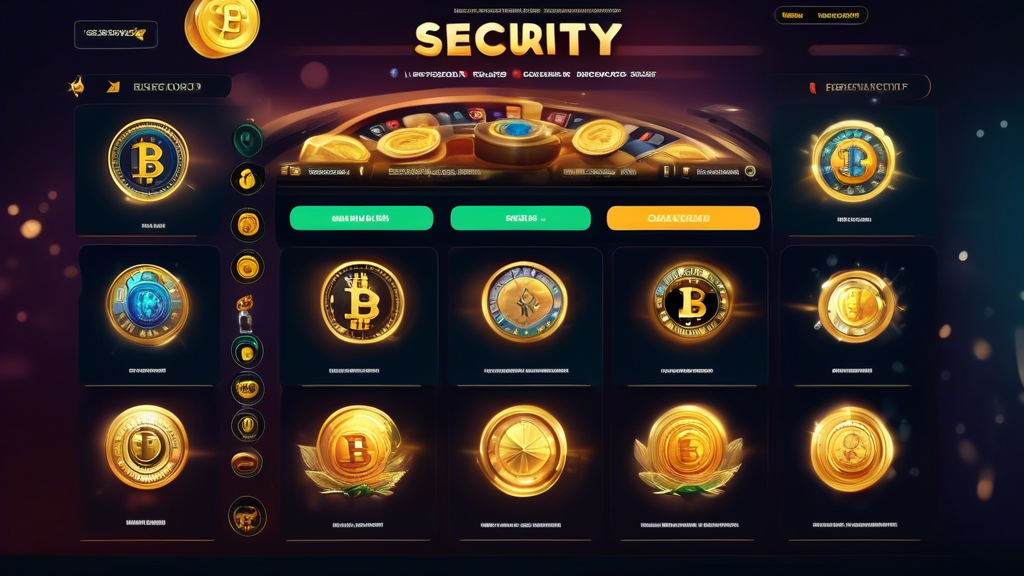 Create an image showing a sleek, modern online user interface with tabs labeled Security, Game Variety, Bonuses, and Customer Support. The screen should display detailed reviews of leading crypto casinos, each featuring logos, ratings, and a brief summary. Include visuals of gold coins, crypto symbols (like Bitcoin and Ethereum), and vibrant casino imagery like slot machines, roulette wheels, and poker chips. The backdrop should resemble a high-tech, digital matrix to emphasize the technological aspect of crypto gambling. 

Prompt: A modern and sleek user interface showcasing detailed reviews of leading crypto casinos. The interface includes tabs labeled 