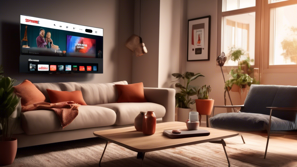 A cozy living room setup with a modern TV displaying the Showtime Anytime streaming service. A person is comfortably sitting on the couch with a tablet in hand, using the Showtime Anytime app. Tips and tricks for enhancing the streaming experience are illustrated around the scene, such as a checklist for finding the best series, optimizing streaming quality, and connecting to smart devices.