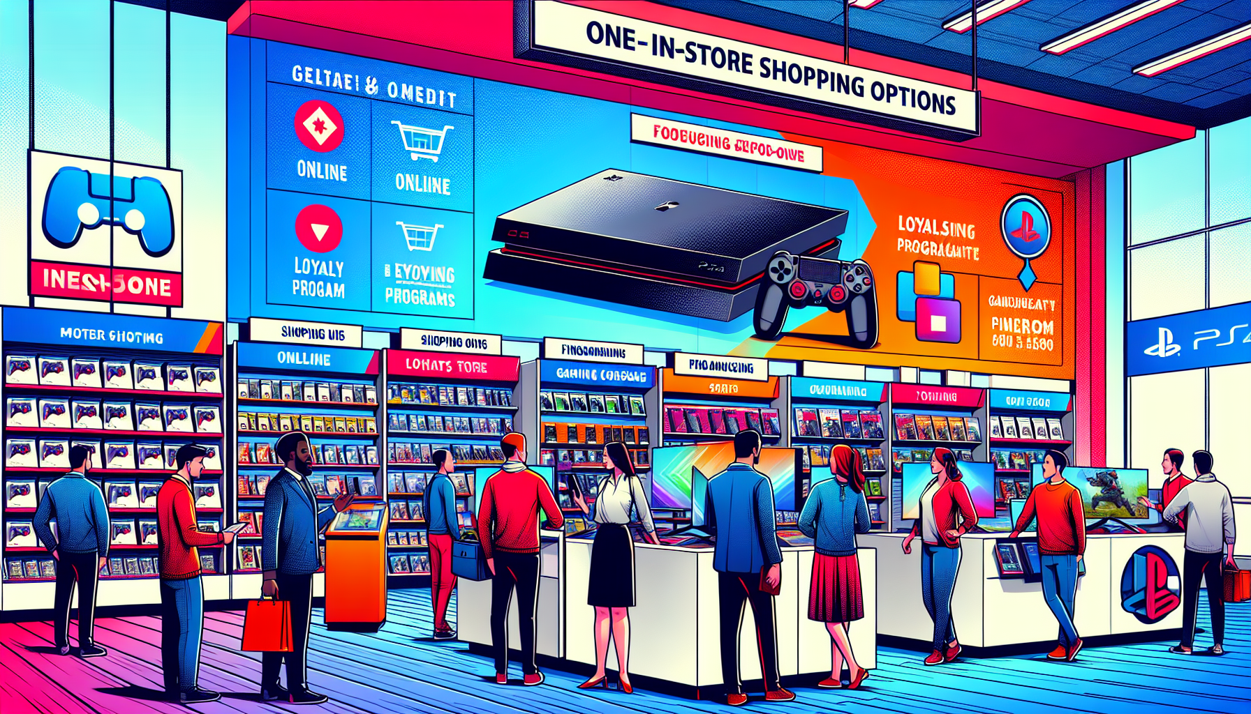 Create an image showcasing a modern Media Markt store with a vibrant display section dedicated to PlayStation 4. Include enthusiastic customers interacting with knowledgeable staff who are offering expert advice. Highlight online and in-store shopping options through visible signage. Emphasize the loyalty programs with banners or posters and show financing options, perhaps displayed on digital screens. The overall mood should be welcoming and professional, reinforcing Media Markt as the go-to destination for PlayStation 4 enthusiasts.