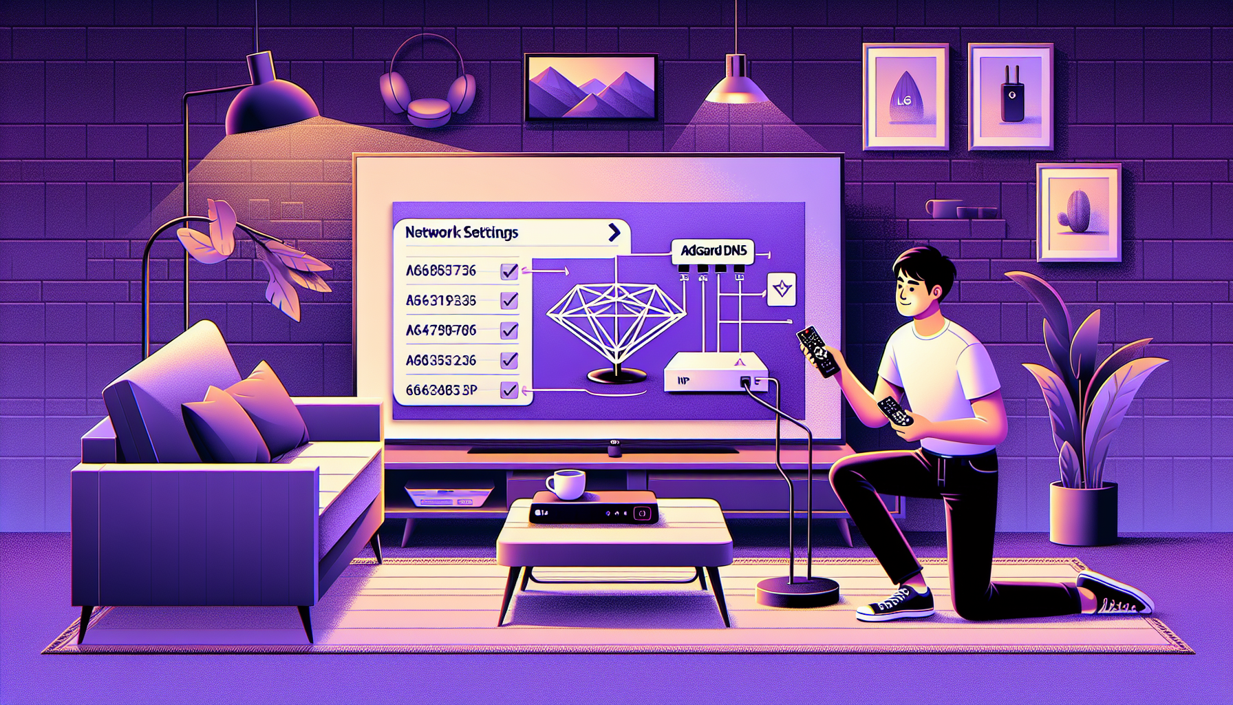 Create an image showing a step-by-step visual guide for configuring AdGuard DNS on an LG TV. The image should feature:
1. A modern LG TV on a clean, minimalist stand in a living room.
2. Four frames, each illustrating a different step:
   - Frame 1: A person preparing with a checklist, including items like LG TV remote, AdGuard DNS IP addresses, internet connection.
   - Frame 2: The LG TV screen displaying the Settings menu with a remote pointing at the Network option.
   - Frame 3: The TV showing a screen where AdGuard DNS IP addresses are being input into the network settings.
   - Frame 4: A confirmation screen on the TV with a green checkmark, indicating AdGuard DNS is active.
3. Clear, concise labels and arrows guiding the viewer through each step.