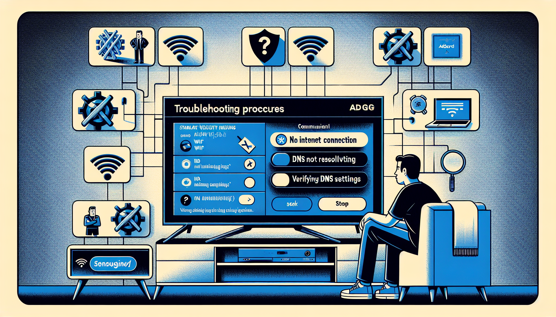 Prompt for DALL-E:

An image showing common troubleshooting scenarios for AdGuard DNS setup on an LG TV. The image includes a person sitting in front of a modern LG TV with the settings menu open on the screen. Around the main scene, small illustrated insets show common issues like 