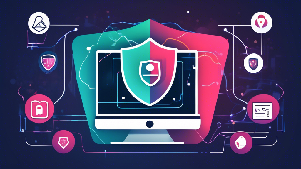 Create an image that illustrates a digital security setup, combining proxies and VPNs, to enhance online anonymity and privacy. Depict a computer with an interconnected network shield symbolizing strong security, including icons representing proxies and VPNs. Highlight safety elements like locks and check marks to emphasize protection against malicious proxies and scams. Background elements could include a spectrum of proxy types (HTTP, HTTPS, SOCKS) to add depth.