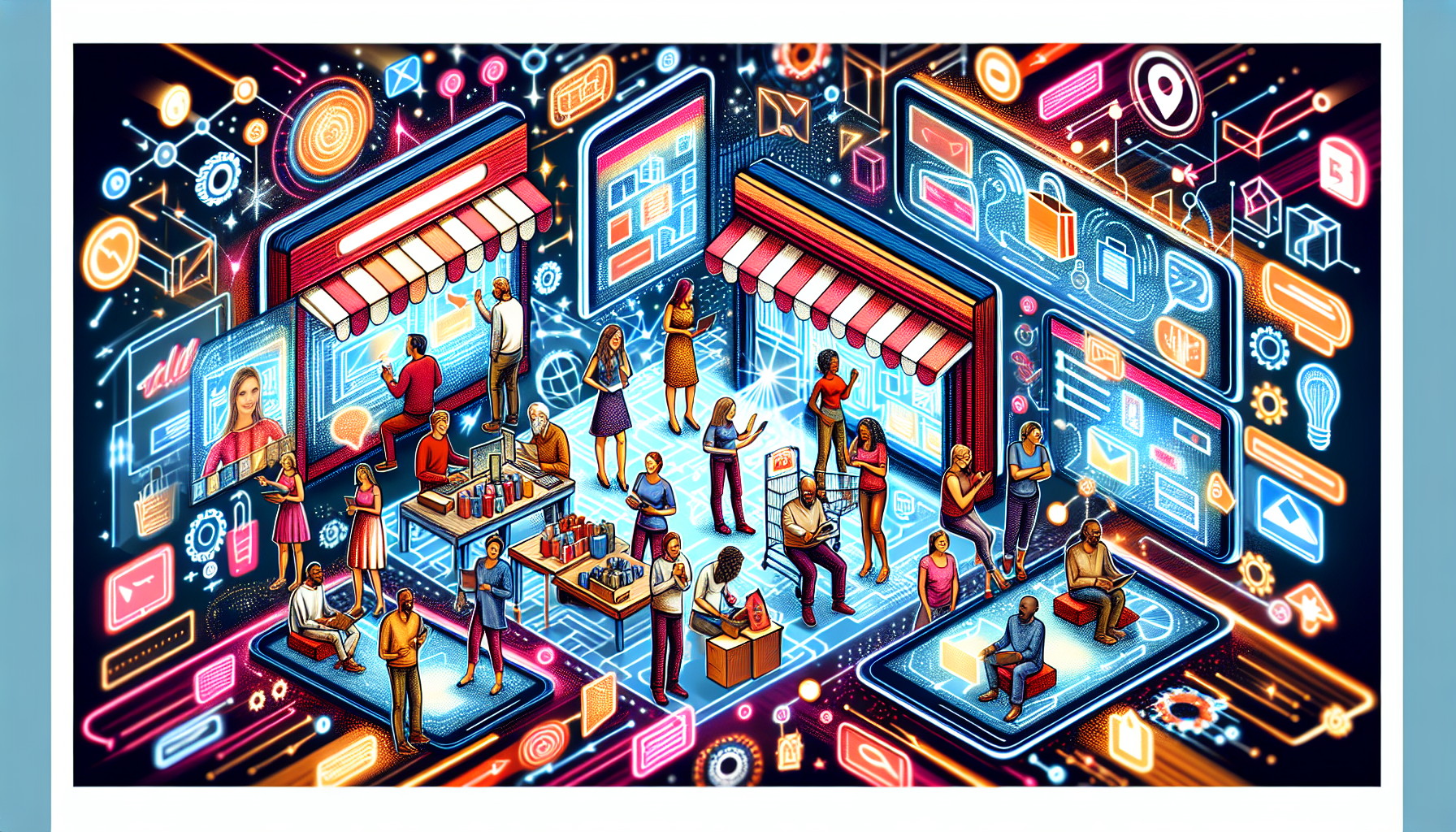 A digital collage illustrating a bustling online marketplace, featuring a diverse array of animated shoppers browsing virtual storefronts with glowing screens displaying an assortment of products ranging from electronics to clothing, integrated with pop-up text boxes explaining the definitions, mechanisms, and a step-by-step guide on how to start an online business.