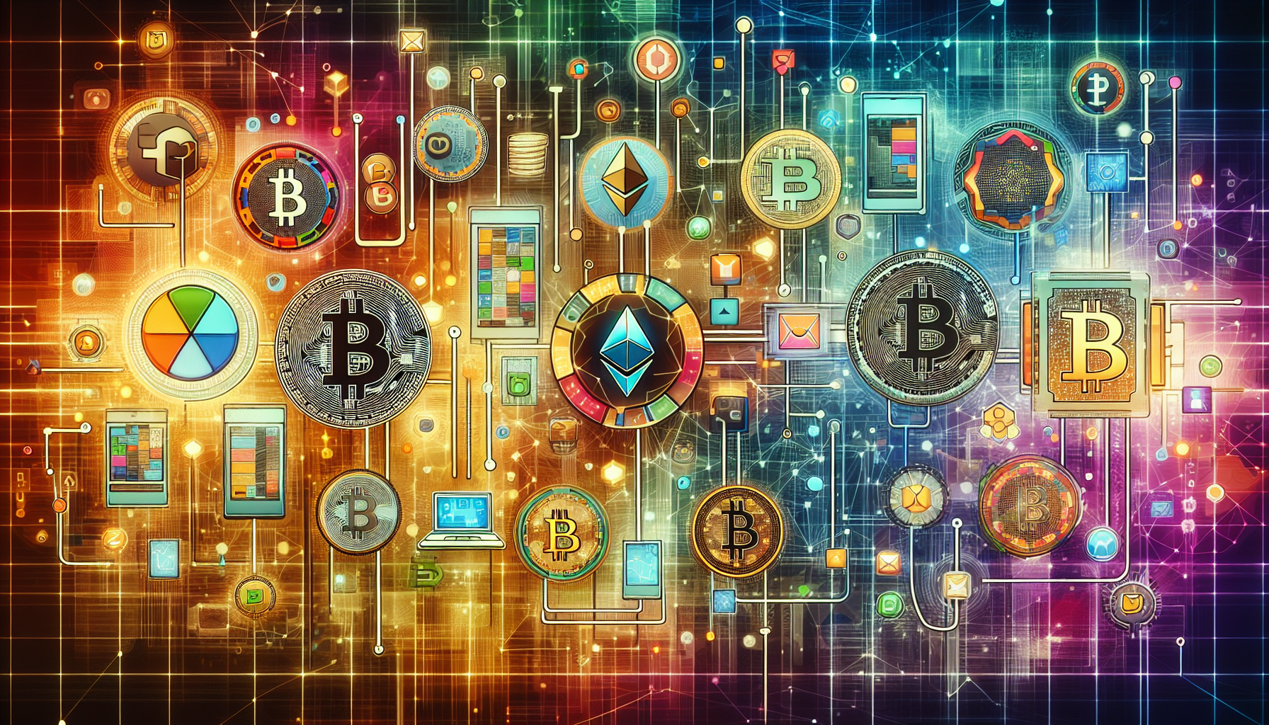 Create an image that visually represents the concept of diversification within digital assets. Include a variety of digital currencies like Bitcoin, Ethereum, and others symbolized by their logos, with interconnected graphs, charts, and digital wallets arranged around them. The backdrop should illustrate the dynamic and interconnected nature of the digital currency market with abstract elements like network nodes and circuit board patterns. The overall aesthetic should be modern and tech-inspired, reflecting the innovative and multifaceted nature of digital currency investment.